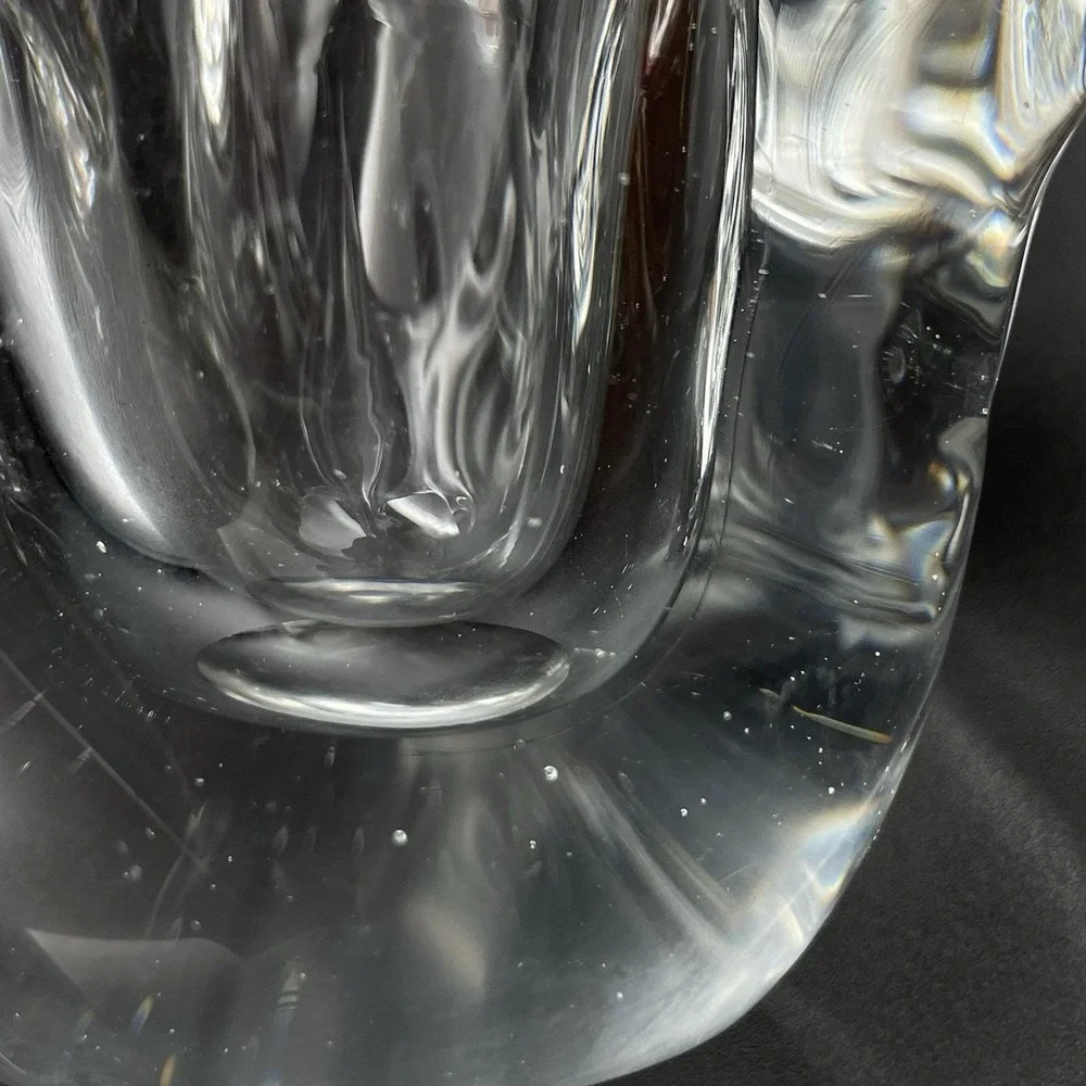 Vintage Hand Blown Art Glass Basket Clear Split Handle Basket Vase‎